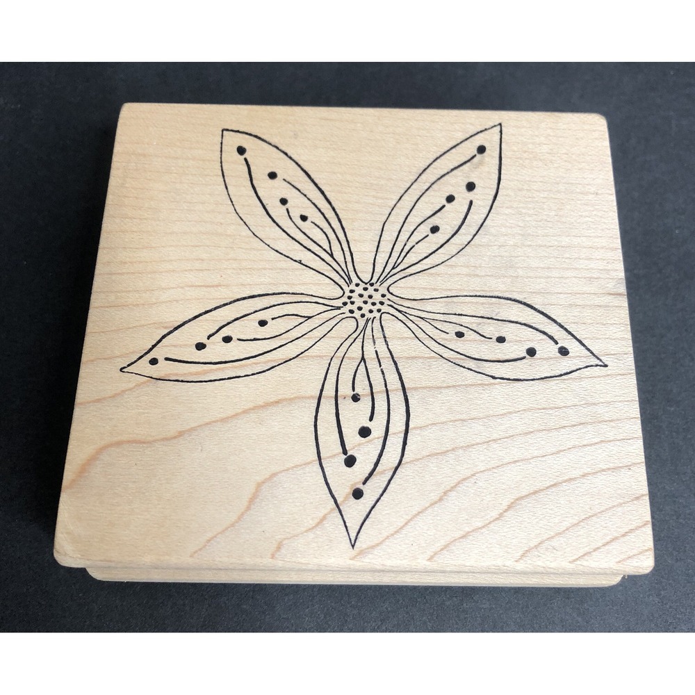 Magenta Rubber Stamp 5 Petal Floral Flower Line Dot Design Wood Mounted